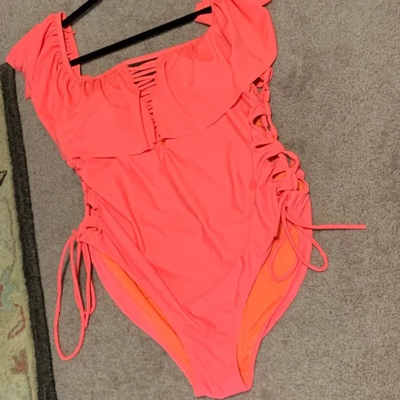Sz 1X Coral Tropics Apollo coral pink one piece swimsuit - Picture 8 of 11